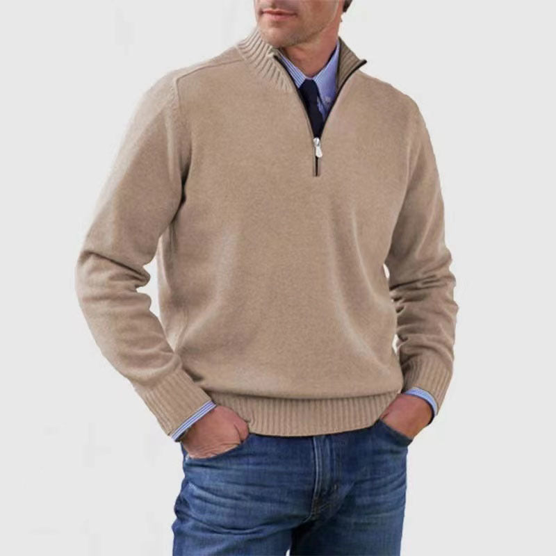 Men's cotton turtleneck sweater with zipper closure.