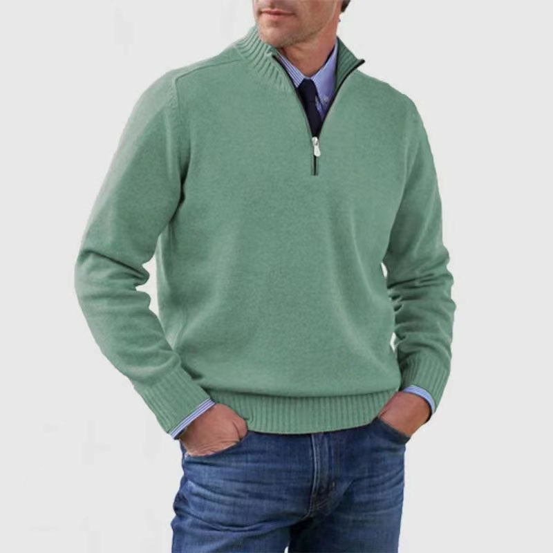 Men's cotton turtleneck sweater with zipper closure.